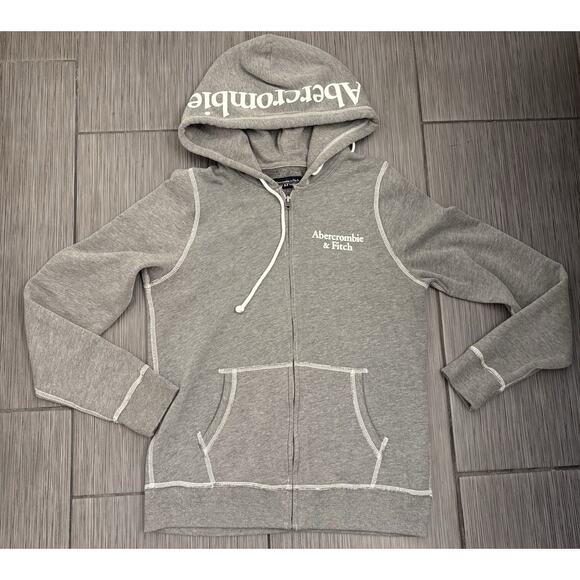 Abercrombie Fitch Gray Full Zip Soft A&F Fleece Size Medium Hood Spell Out - Picture 1 of 7
